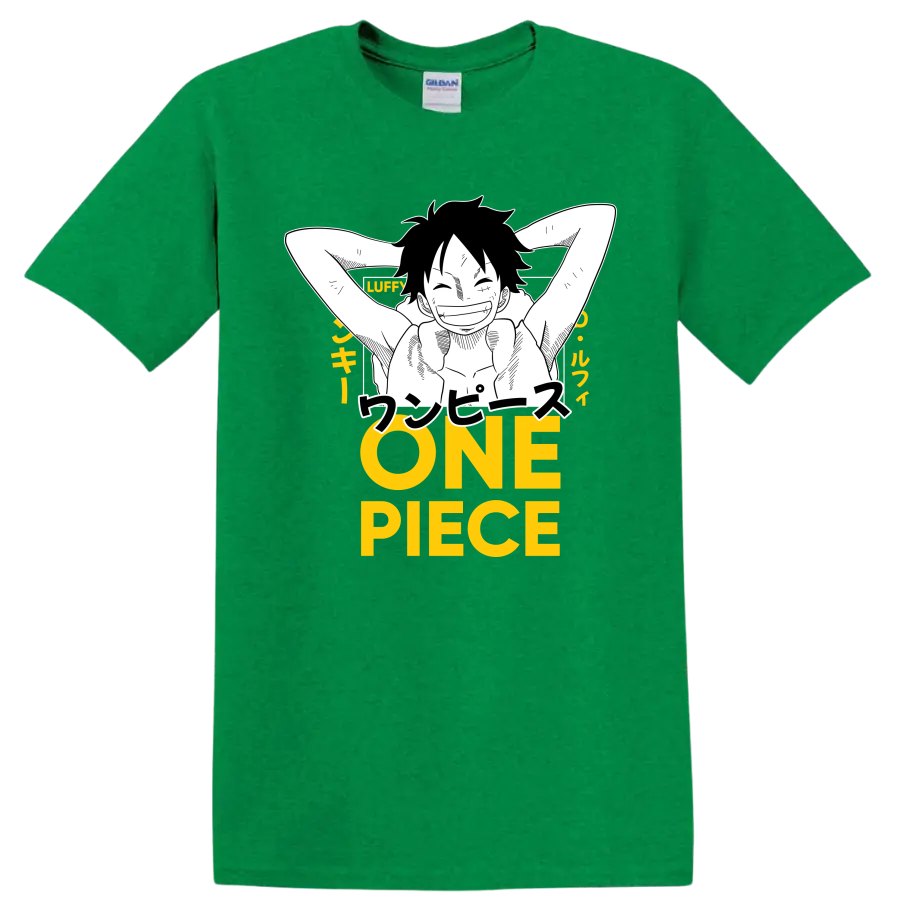 Monkey D. Luffy relaxed manga line art with Japanese text and yellow ONE PIECE lettering on a Antic Irish Green T Shirt