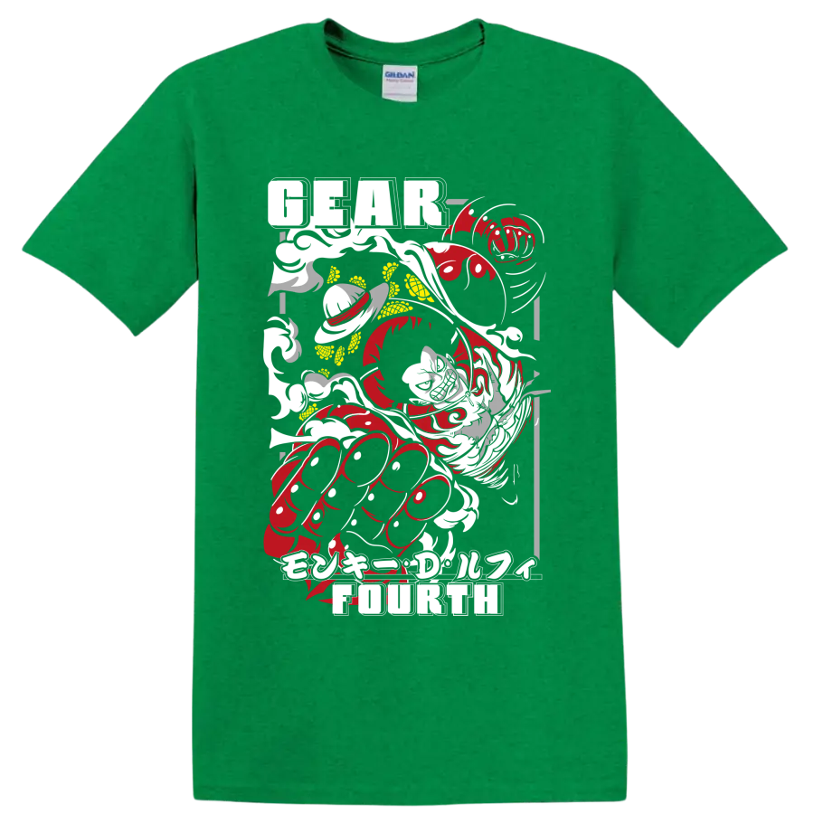 Monkey D. Luffy Gear Fourth distressed red and gray manga action graphic on a Antic Irish Green T Shirt