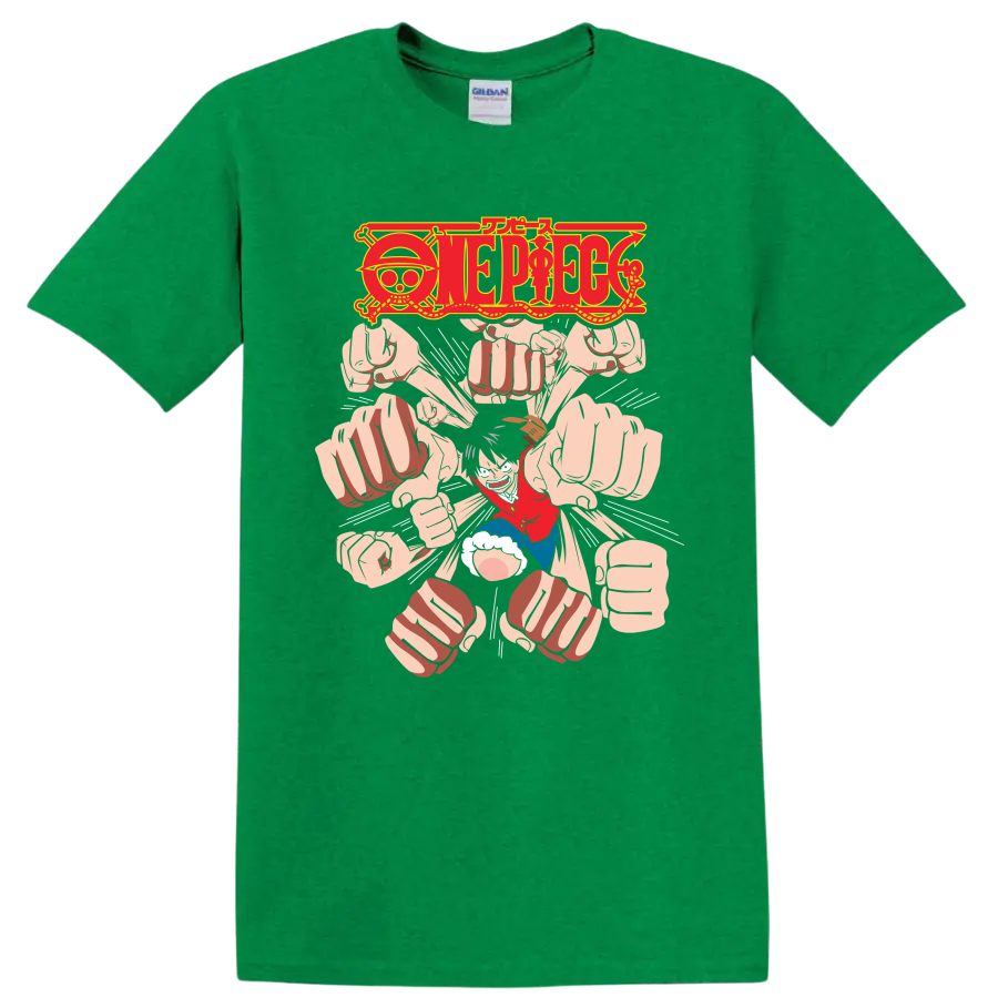 Monkey D. Luffy Gomu Gomu no Gatling manga graphic with One Piece logo and flying fists on a Antic Irish Green T Shirt