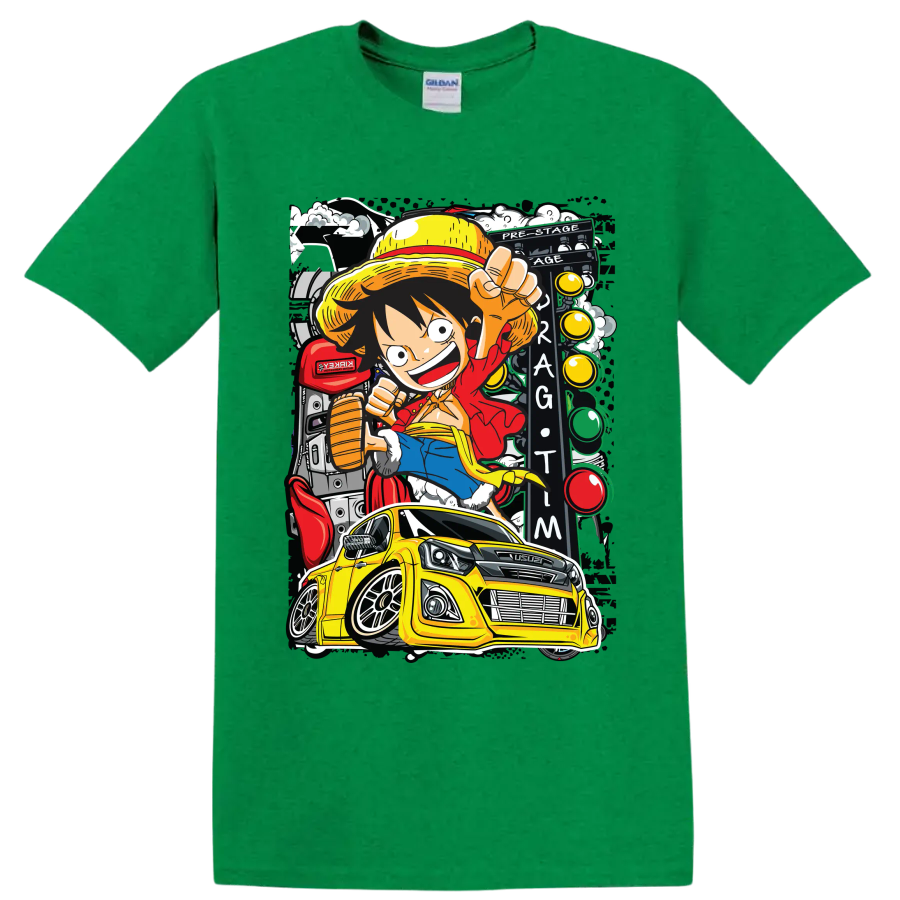 Monkey D. Luffy anime art with yellow Isuzu pickup and Thailook racing scene on a Antic Irish Green T Shirt