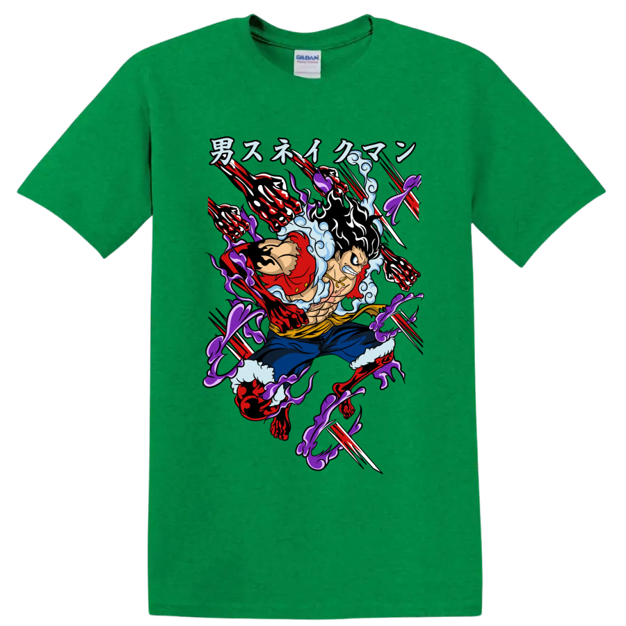 Monkey D. Luffy Gear 4 Snakeman anime-style action graphic with extended arms on a Antic Irish Green T Shirt
