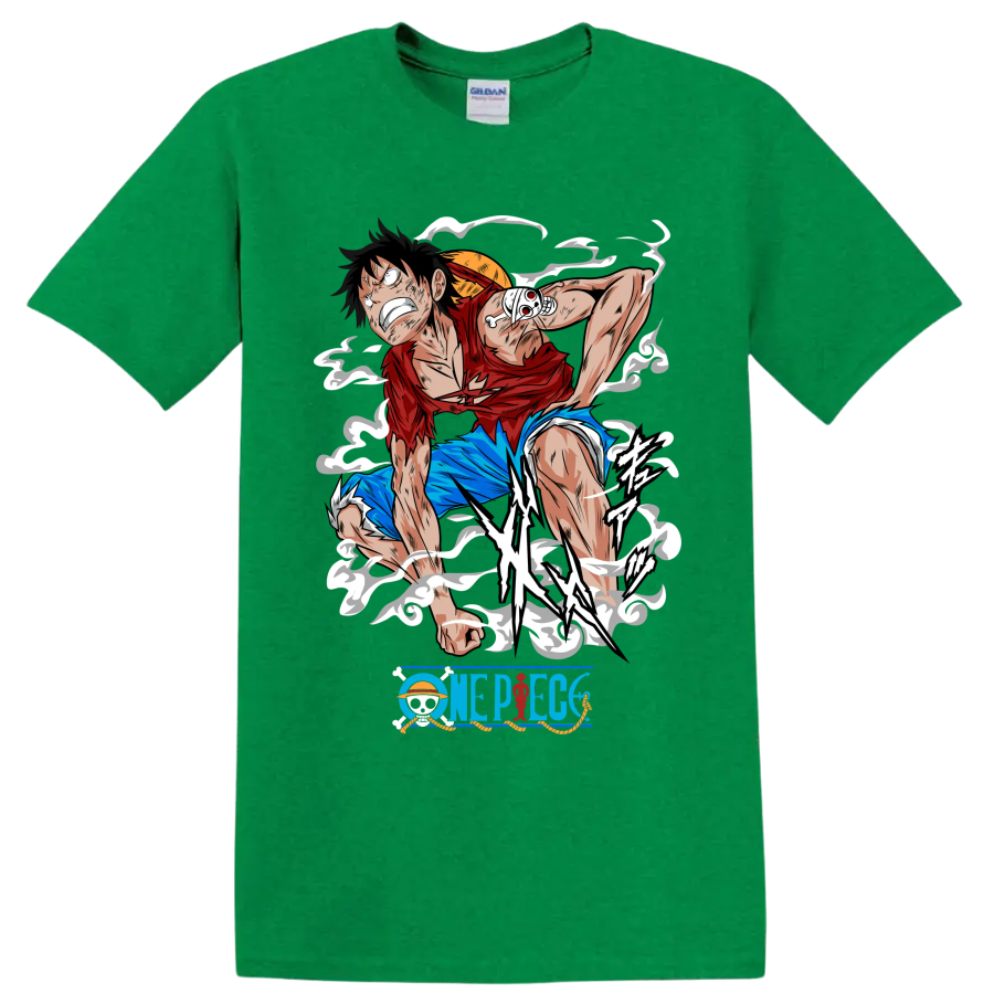 Monkey D. Luffy Gear 2 action graphic with steam effects and One Piece logo on a Antic Irish Green T Shirt