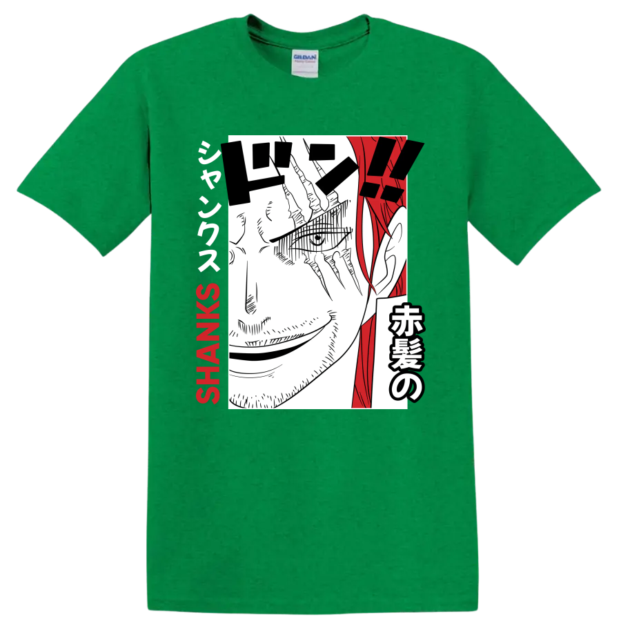 Shanks One Piece manga portrait with red hair, Japanese lettering, and SHANKS text on a Antic Irish Green T Shirt