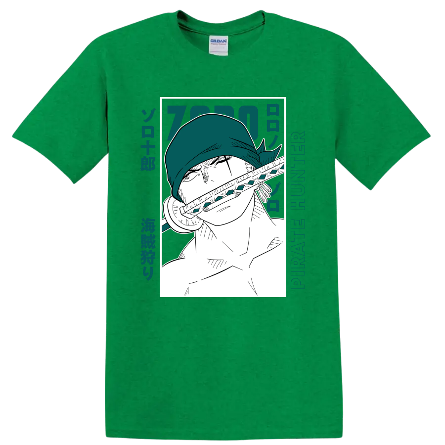 Roronoa Zoro Pirate Hunter manga portrait with sword and teal Japanese-style lettering on a Antic Irish Green T Shirt