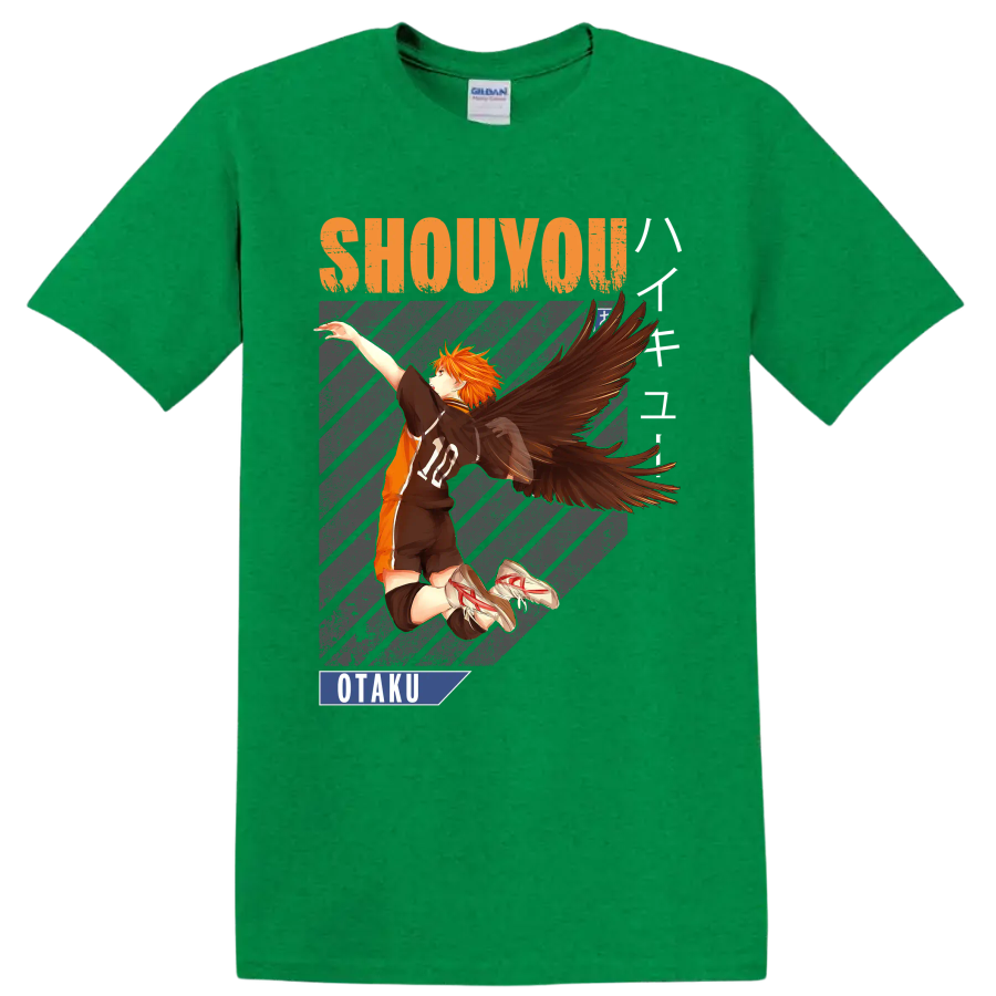 Shoyo Hinata winged volleyball anime graphic with Shouyou and Otaku text on a Antic Irish Green T Shirt