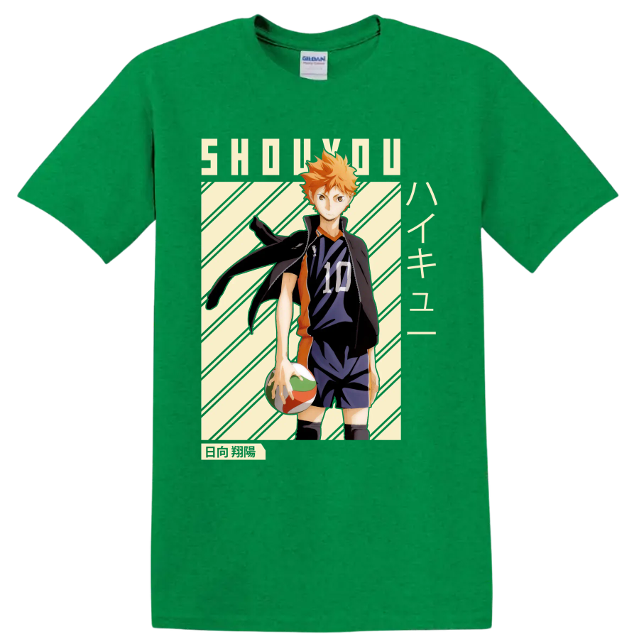 Shoyo Hinata in Karasuno number 10 uniform with volleyball manga-style graphic on a Antic Irish Green T Shirt