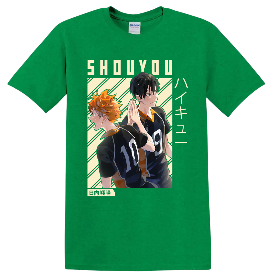 Anime-style Shoyo Hinata and Tobio Kageyama in Karasuno volleyball uniforms on a Antic Irish Green T Shirt