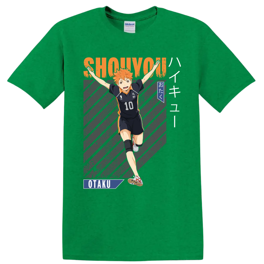 Shoyo Hinata in Karasuno No. 10 uniform with SHOUYOU lettering and otaku graphics on a Antic Irish Green T Shirt