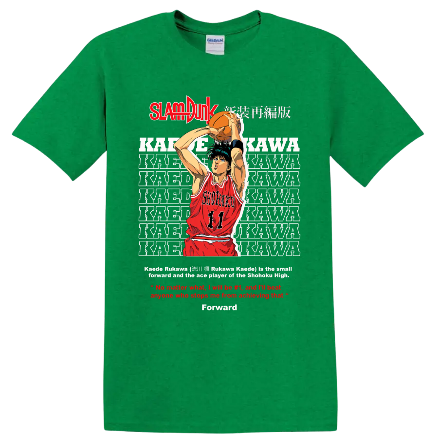 Kaede Rukawa Slam Dunk manga basketball shooter graphic with Shohoku number 11 jersey on a Antic Irish Green T Shirt