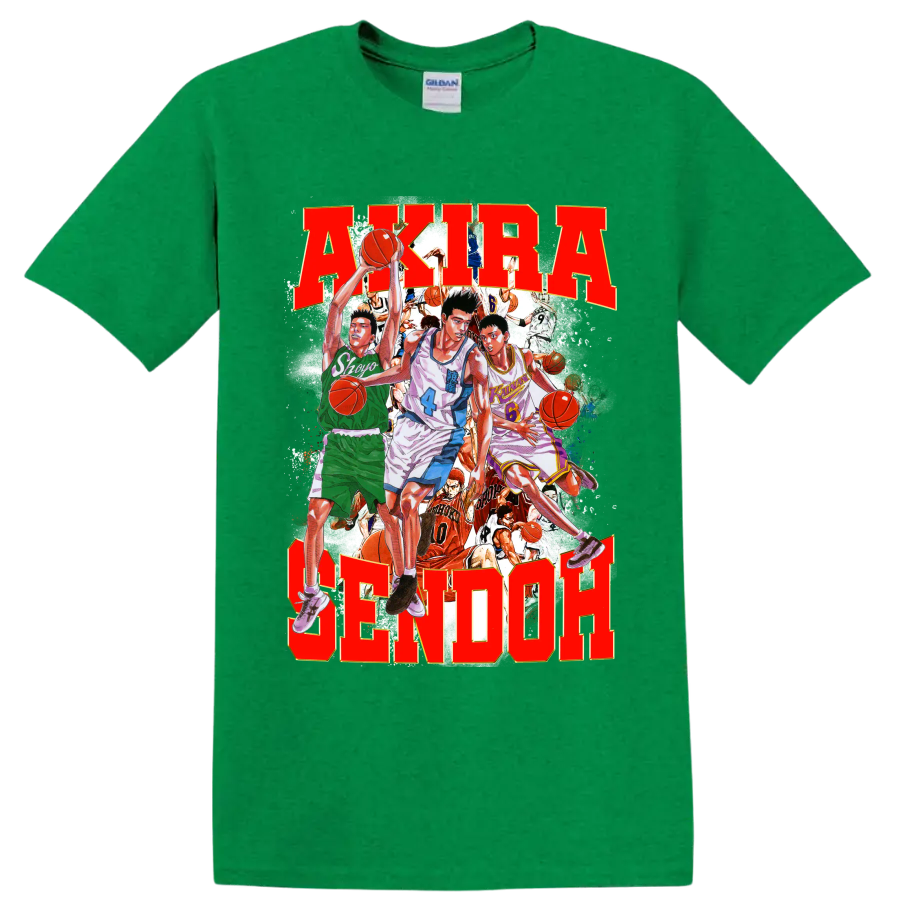Slam Dunk manga collage with Sendoh, Fujima, Sakuragi and bold AKIRA SENDOH text on a Antic Irish Green T Shirt