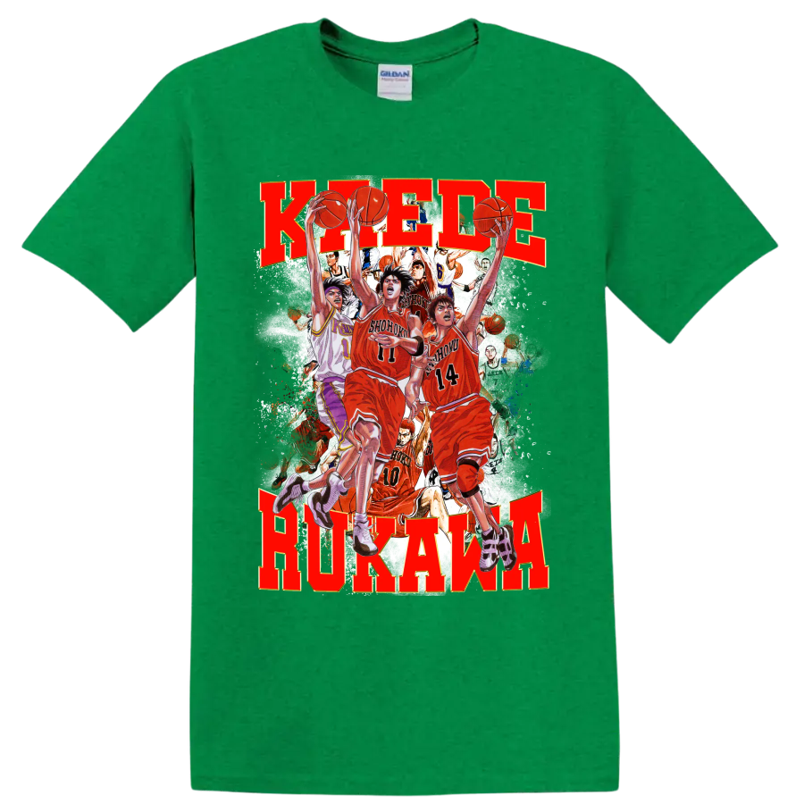 Kaede Rukawa Slam Dunk manga-style Shohoku basketball action collage on a Antic Irish Green T Shirt
