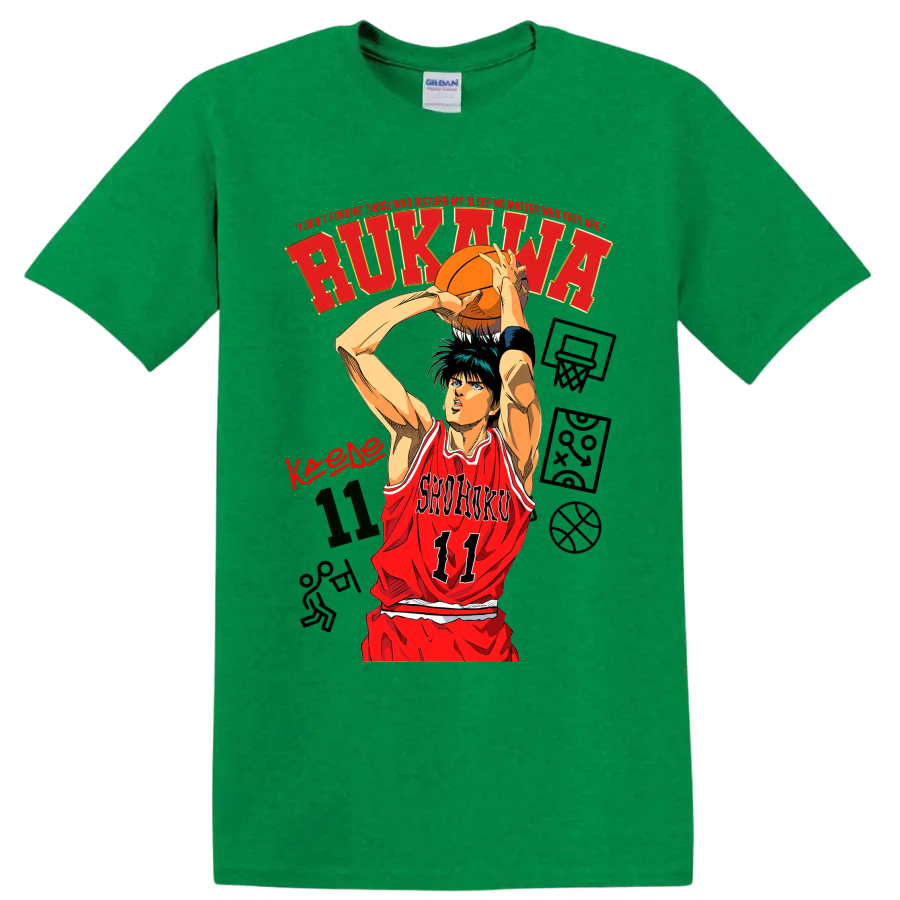 Kaede Rukawa Shohoku 11 manga basketball shooting graphic on a Antic Irish Green T Shirt