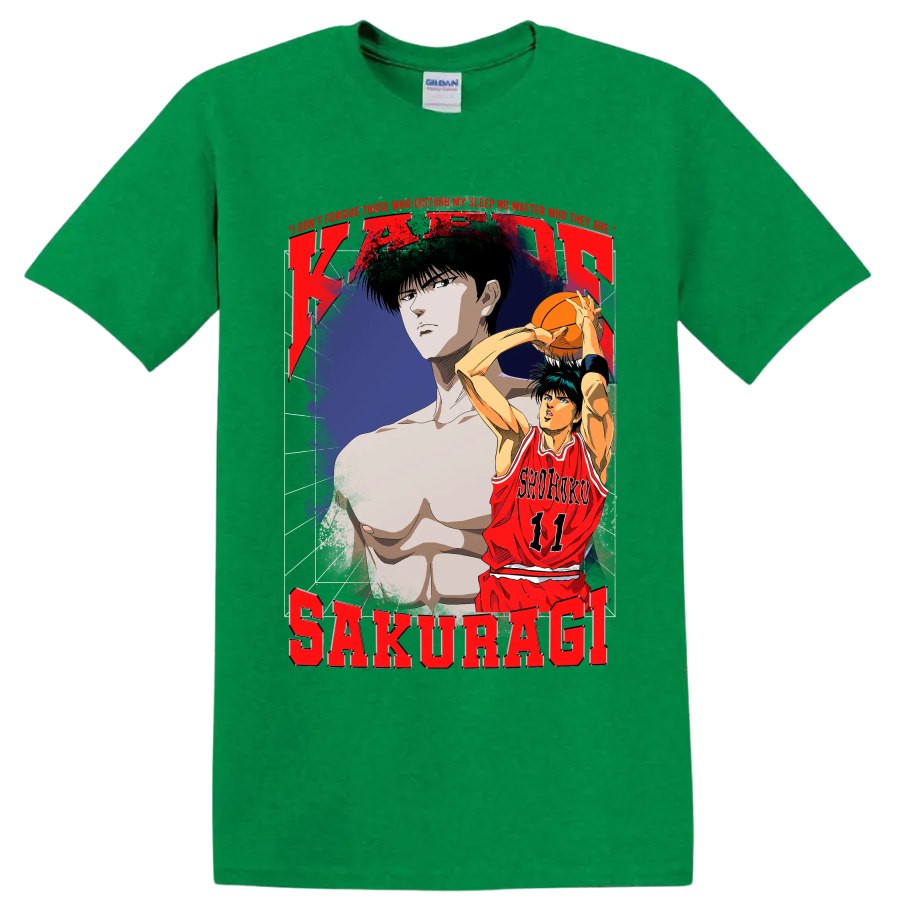 Kaede Rukawa Slam Dunk distressed Shohoku 11 basketball anime graphic on a Antic Irish Green T Shirt