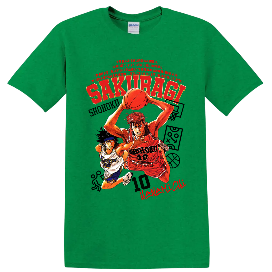Slam Dunk manga graphic of Hanamichi Sakuragi and Nobunaga Kiyota playing basketball on a Antic Irish Green T Shirt