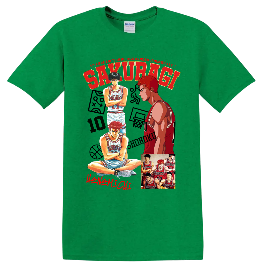 Slam Dunk manga collage of Hanamichi Sakuragi, Kaede Rukawa, and Shohoku players on a Antic Irish Green T Shirt