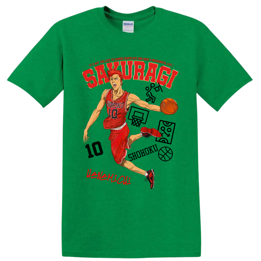 Hanamichi Sakuragi Slam Dunk manga basketball action graphic with Shohoku jersey on a Antic Irish Green T Shirt