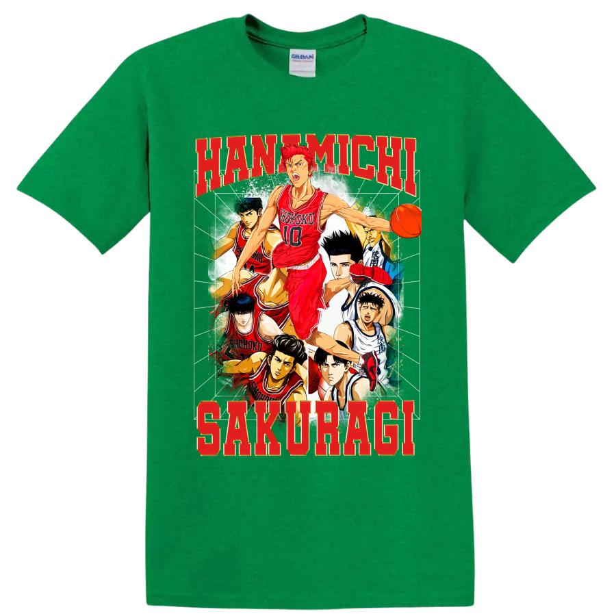 Hanamichi Sakuragi Slam Dunk manga basketball collage with Shohoku players on a Antic Irish Green T Shirt