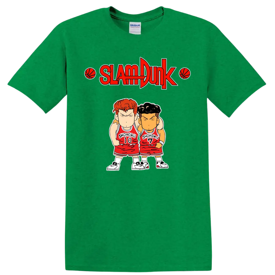 Chibi Hanamichi Sakuragi and Ryota Miyagi in Shohoku uniforms beneath Slam Dunk logo on a Antic Irish Green T Shirt