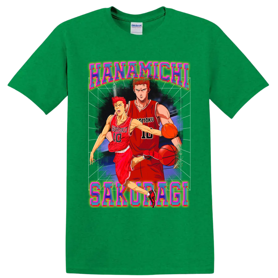 Hanamichi Sakuragi Slam Dunk basketball action in colorful retro poster art on a Antic Irish Green T Shirt