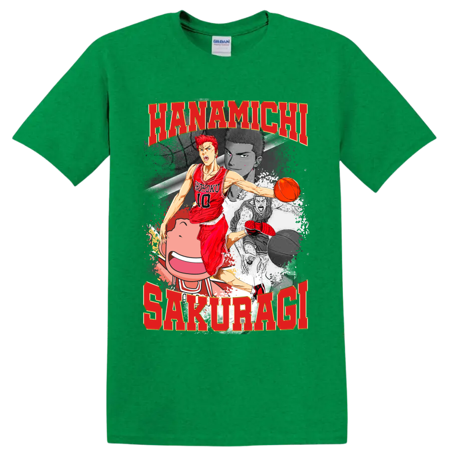 Hanamichi Sakuragi Slam Dunk manga basketball collage with red number 10 player on a Antic Irish Green T Shirt