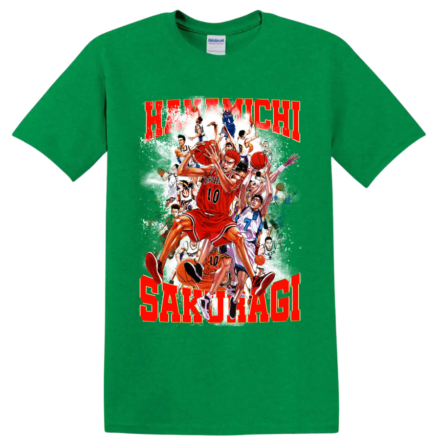 Hanamichi Sakuragi Slam Dunk manga basketball collage with distressed red lettering on a Antic Irish Green T Shirt