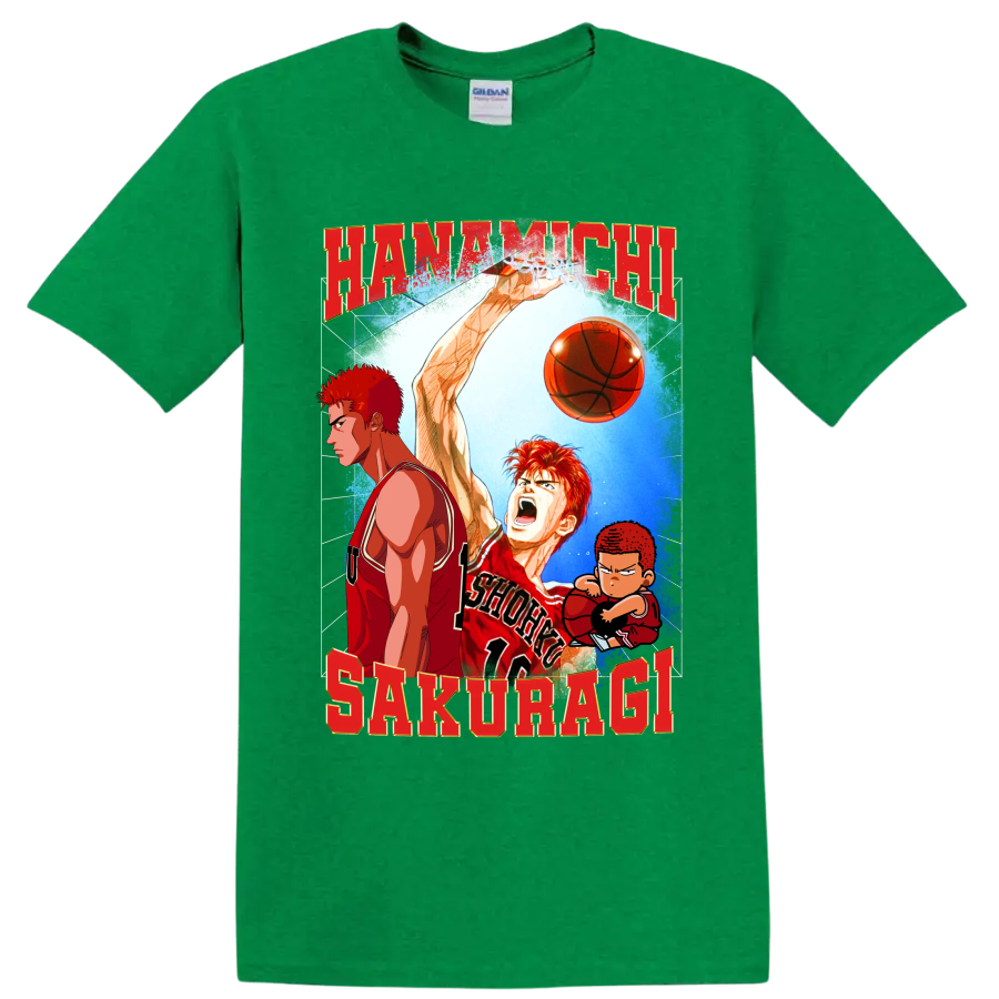 Hanamichi Sakuragi Slam Dunk manga basketball graphic with red lettering and chibi art on a Antic Irish Green T Shirt