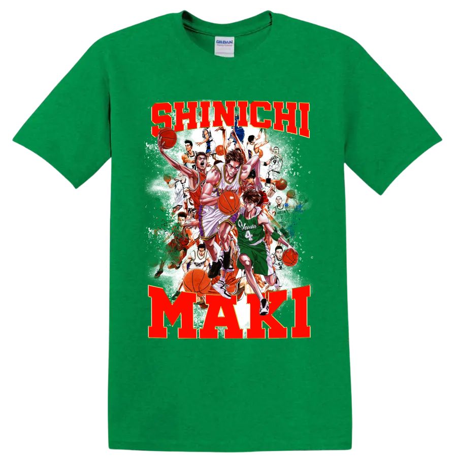 Shinichi Maki Slam Dunk manga basketball collage with bold name lettering on a Antic Irish Green T Shirt