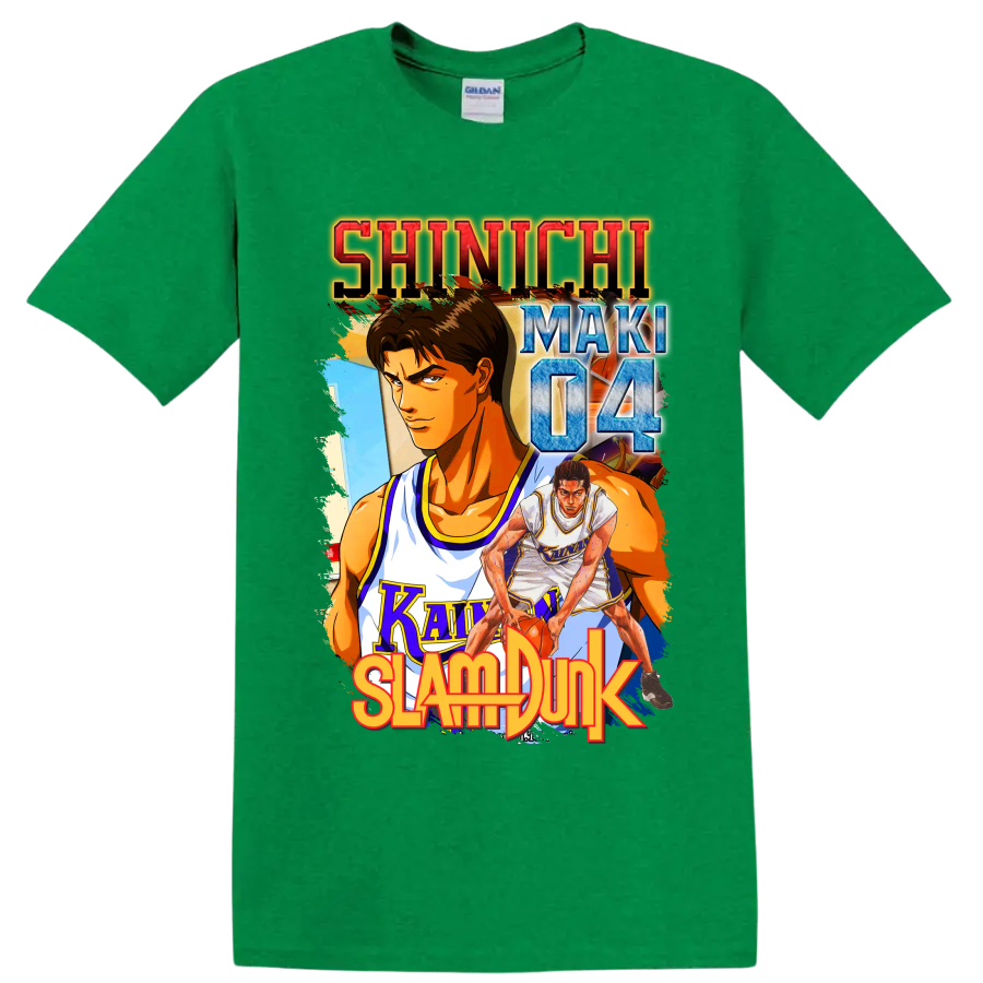 Shinichi Maki Slam Dunk manga-style Kainan basketball graphic with number 04 on a Antic Irish Green T Shirt