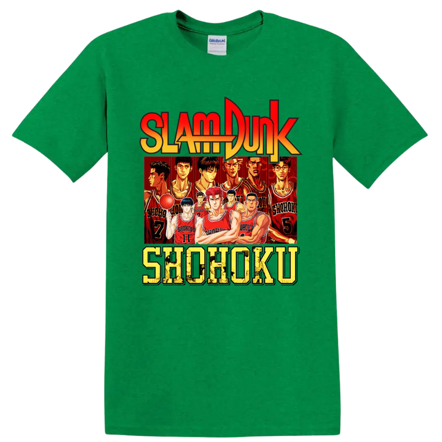 Slam Dunk Shohoku basketball team anime graphic with red jersey player lineup on a Antic Irish Green T Shirt