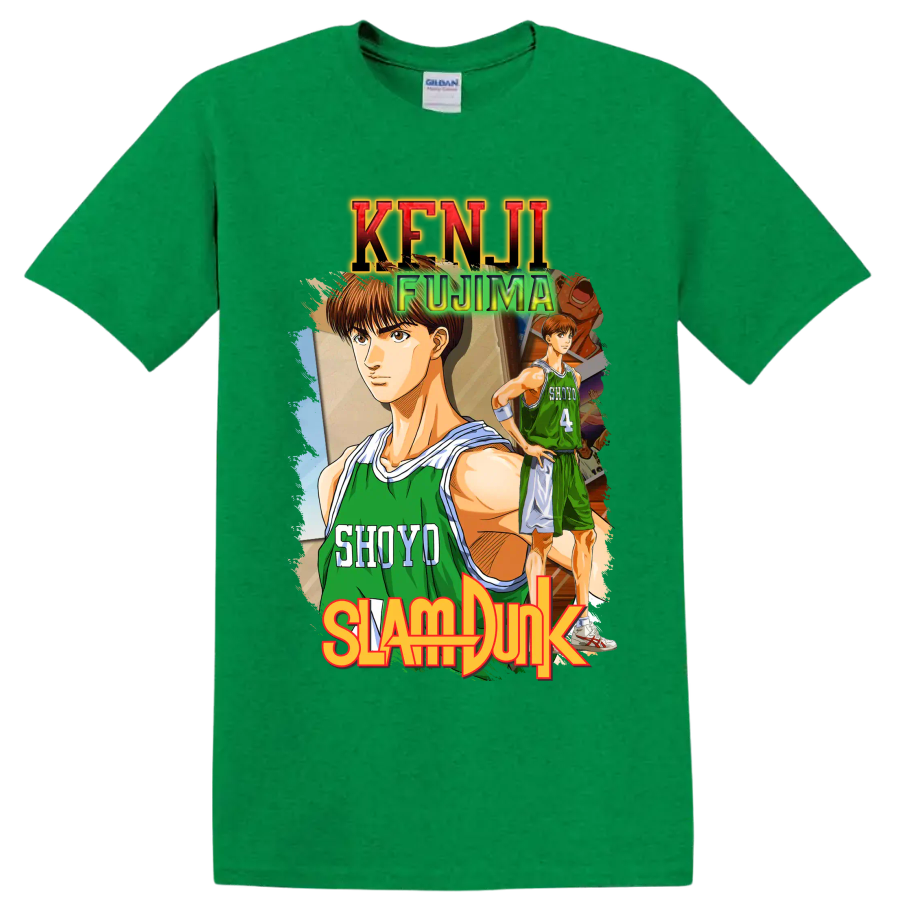 Kenji Fujima Slam Dunk manga basketball graphic with Shoyo jersey number 4 on a Antic Irish Green T Shirt