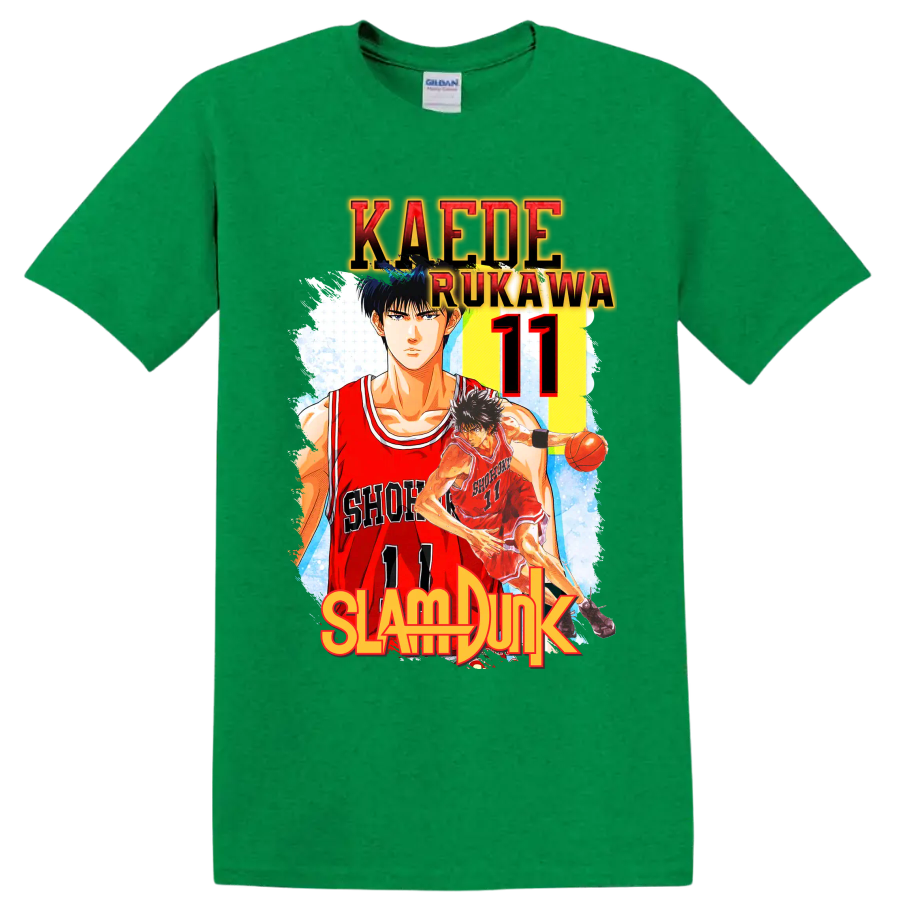Kaede Rukawa Slam Dunk Shohoku number 11 manga basketball graphic print on a Antic Irish Green T Shirt