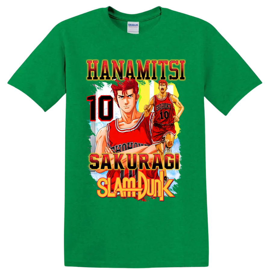Hanamichi Sakuragi Slam Dunk manga basketball graphic with red number 10 on a Antic Irish Green T Shirt