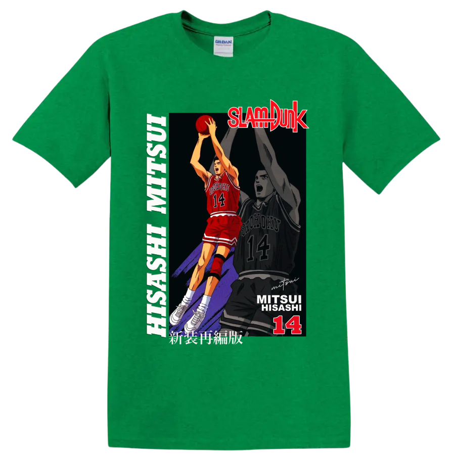 Hisashi Mitsui No. 14 Slam Dunk basketball action manga graphic print on a Antic Irish Green T Shirt
