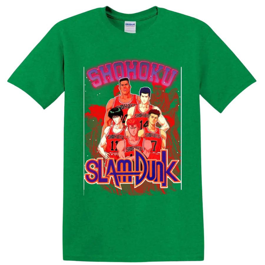 Slam Dunk Shohoku basketball team lineup in red jerseys with bold manga lettering on a Antic Irish Green T Shirt