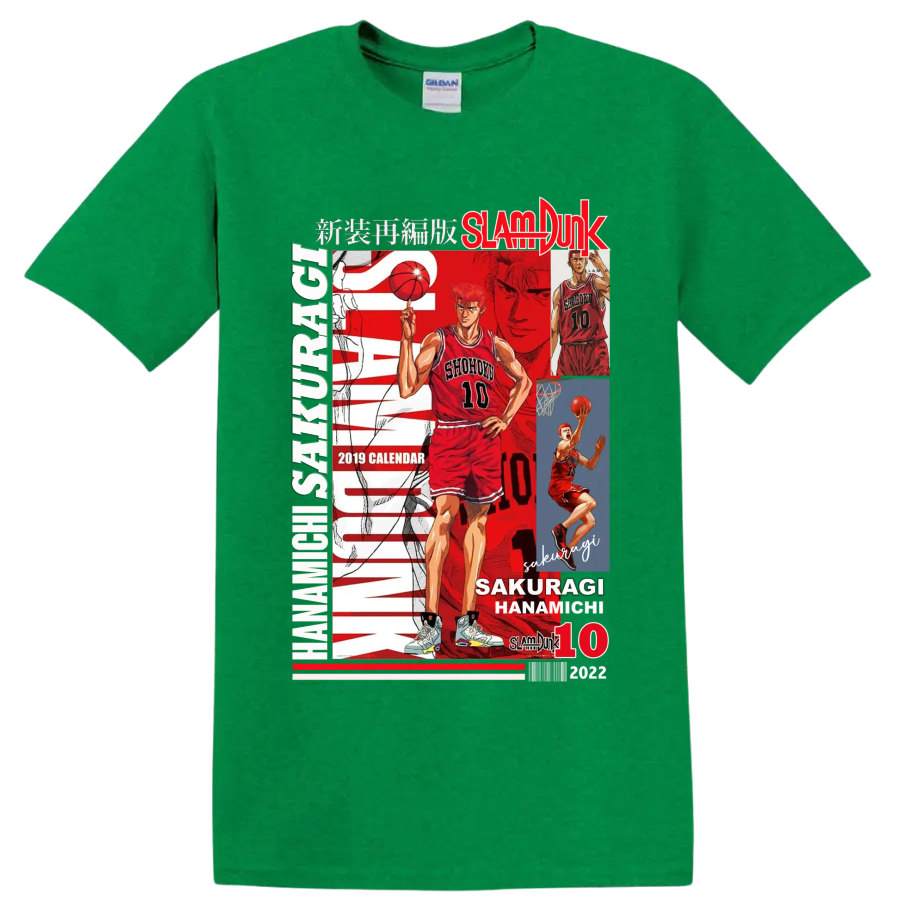 Hanamichi Sakuragi Slam Dunk Shohoku No. 10 manga basketball collage on a Antic Irish Green T Shirt