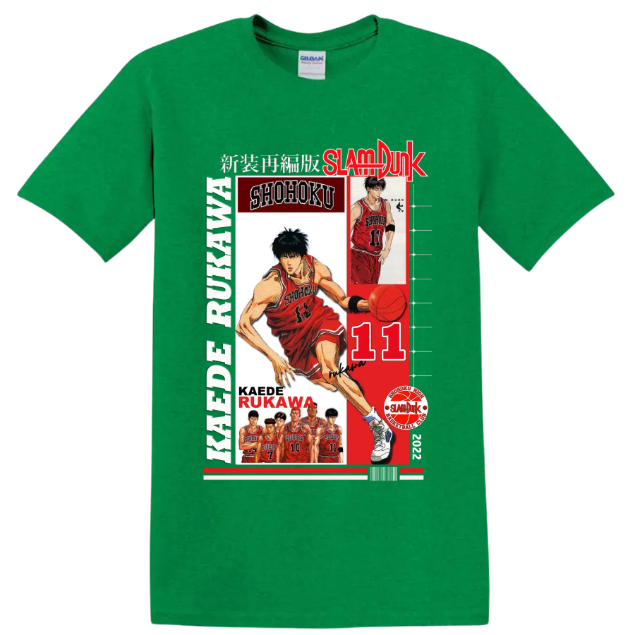 Kaede Rukawa Slam Dunk Shohoku basketball collage with number 11 and player portraits on a Antic Irish Green T Shirt