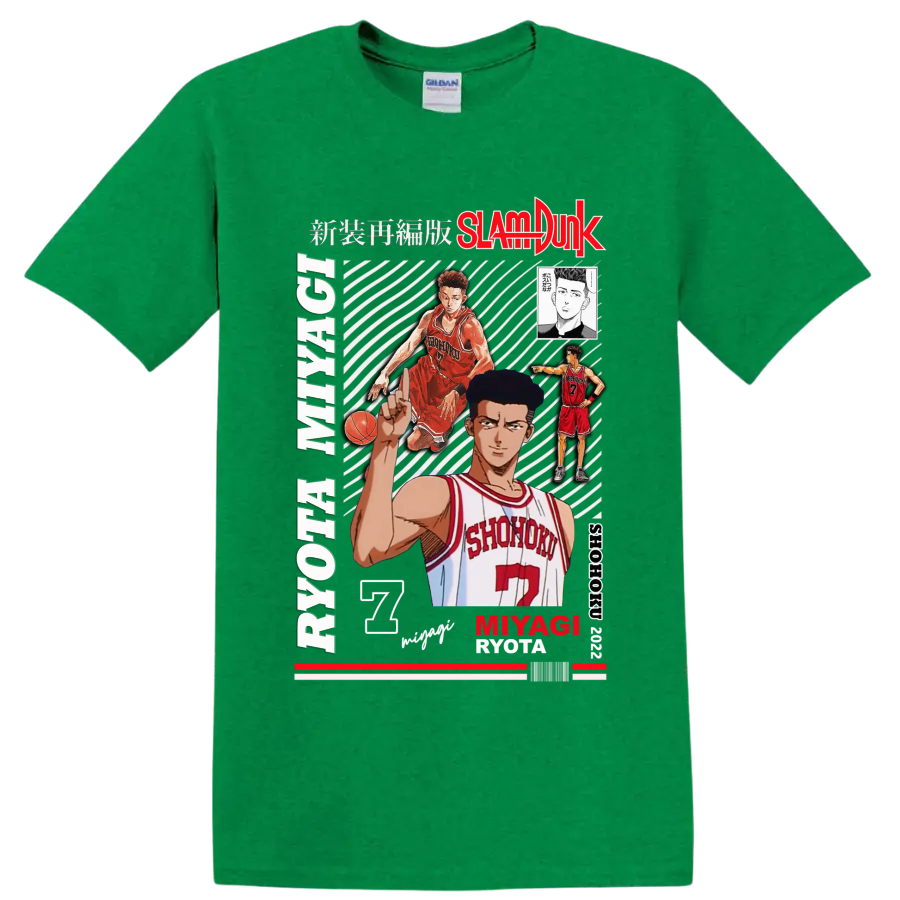 Ryota Miyagi Slam Dunk manga collage with Shohoku number 7 basketball artwork on a Antic Irish Green T Shirt