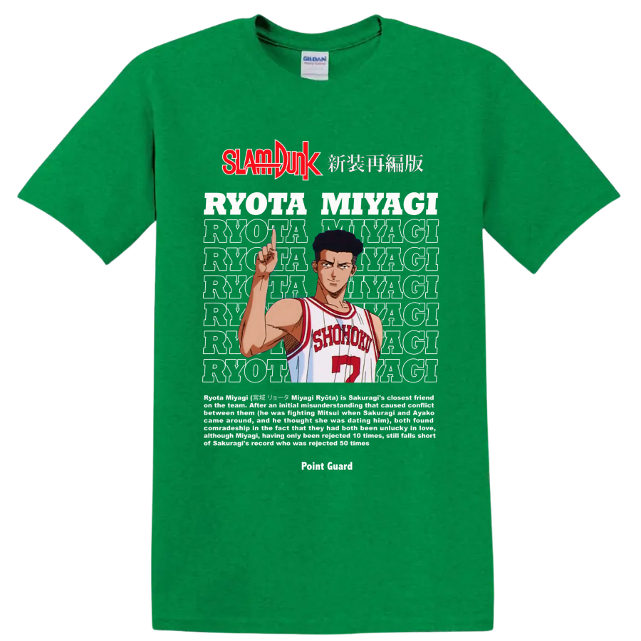 Ryota Miyagi Slam Dunk manga graphic in Shohoku number 7 uniform on a Antic Irish Green T Shirt