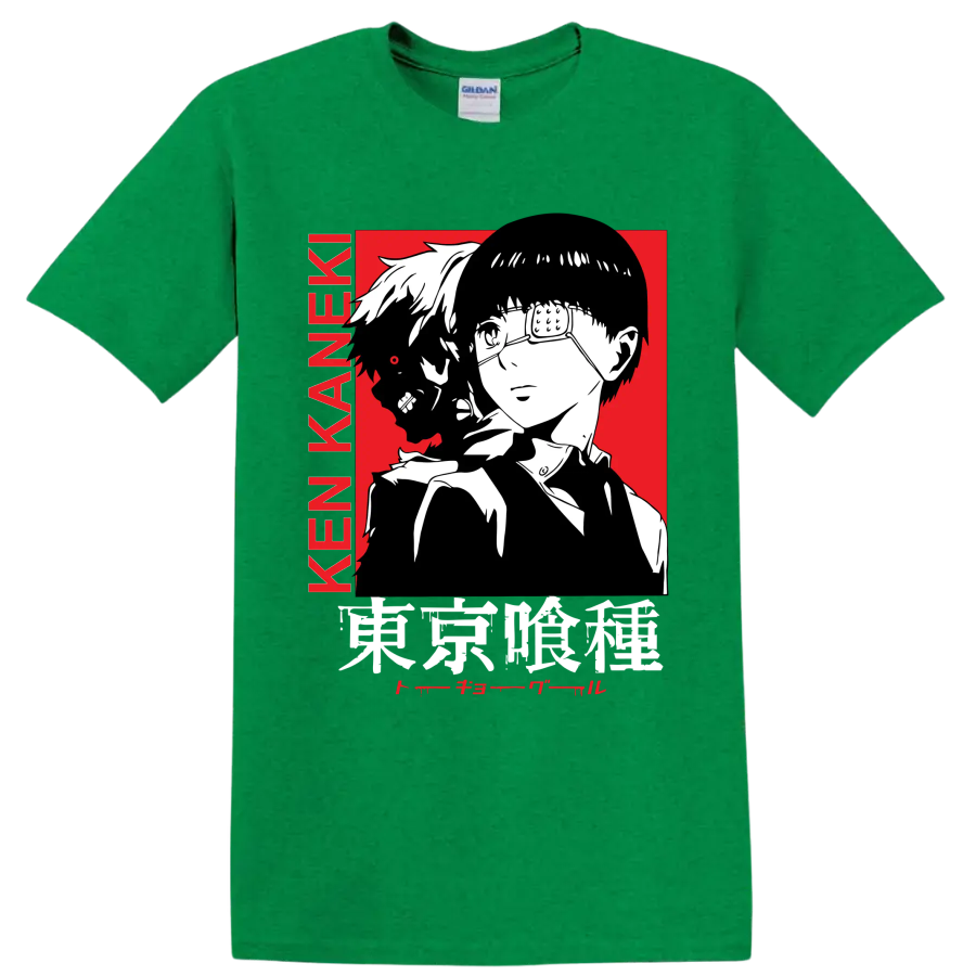 Ken Kaneki Tokyo Ghoul manga portrait with glasses, dark profile, and red backdrop on a Antic Irish Green T Shirt