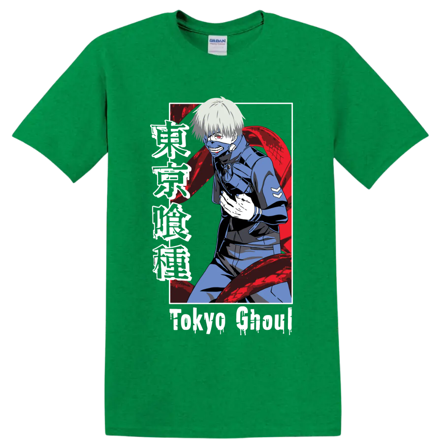 Ken Kaneki masked anime portrait with red kagune in dark Tokyo Ghoul manga style on a Antic Irish Green T Shirt