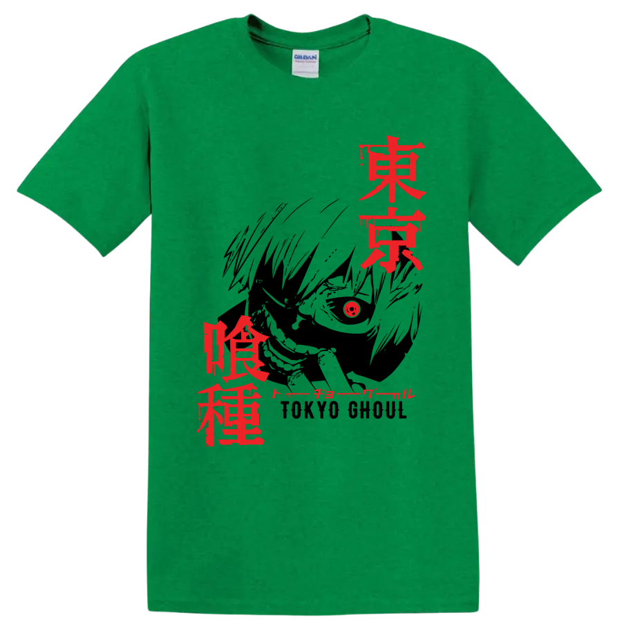 Ken Kaneki Tokyo Ghoul red Japanese title-style graphic print on a Antic Irish Green T Shirt