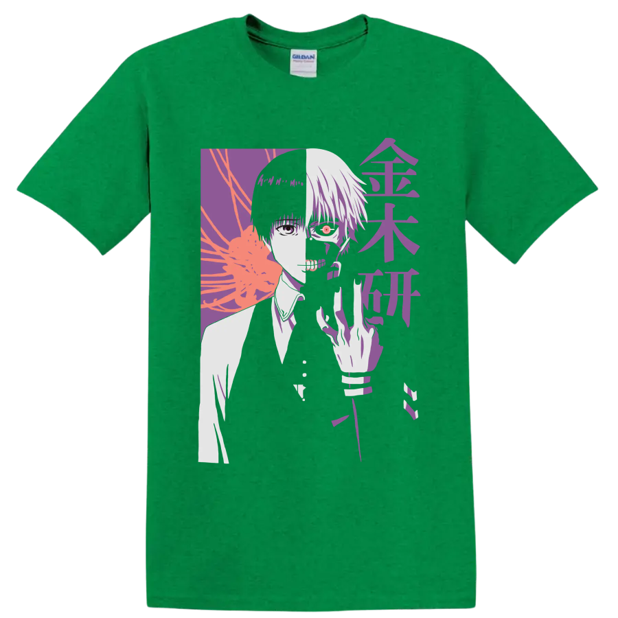 Ken Kaneki split-face Tokyo Ghoul manga portrait with red eye and purple graphic art on a Antic Irish Green T Shirt