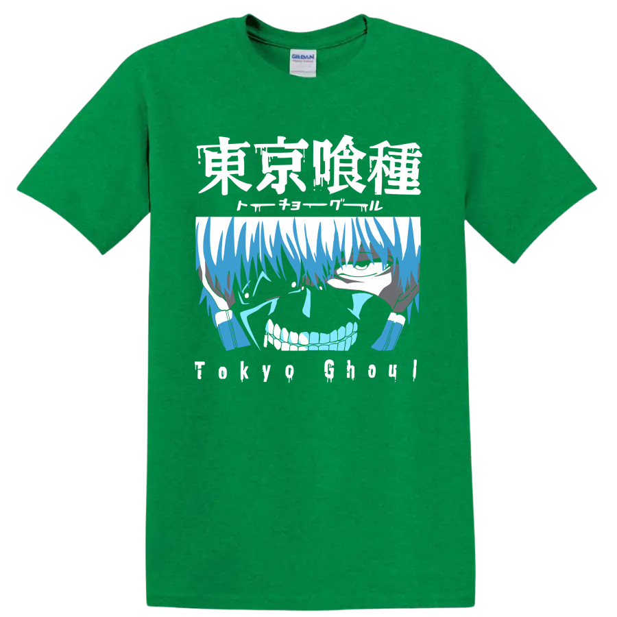 Ken Kaneki blue distressed anime portrait graphic from Tokyo Ghoul on a Antic Irish Green T Shirt