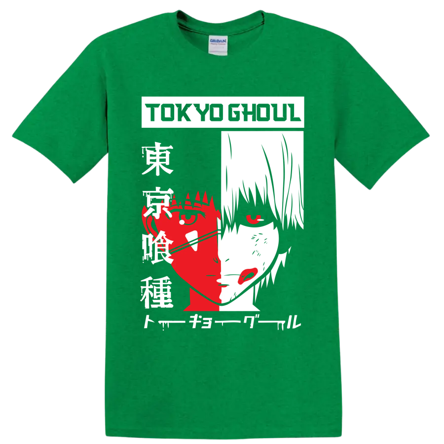 Faye Valentine Cowboy Bebop retro red, white, and black split portrait graphic on a Antic Irish Green T Shirt