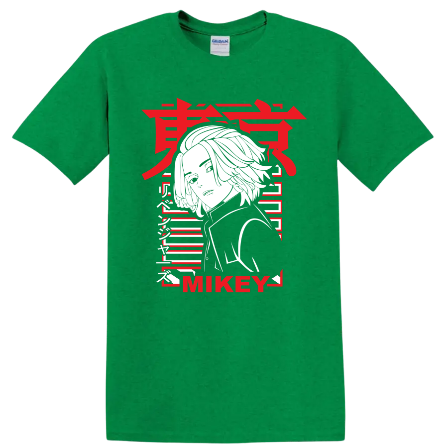 Manjiro Sano Mikey Tokyo Revengers portrait in bold red, white, and black manga style on a Antic Irish Green T Shirt
