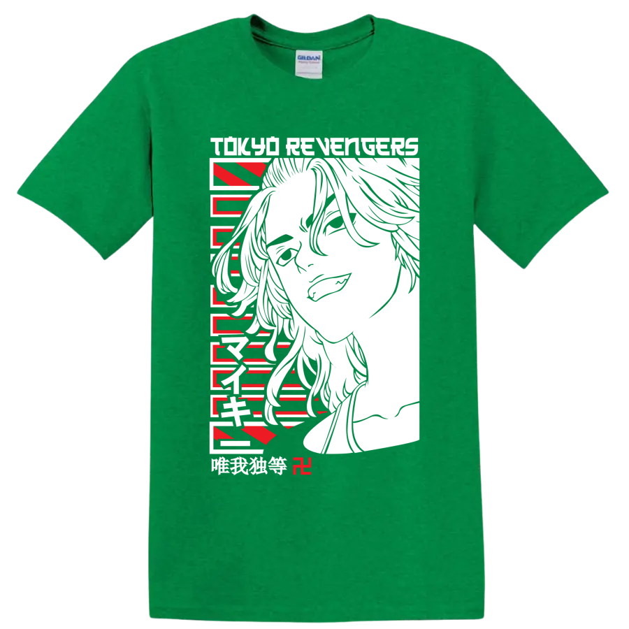 Ken Ryuguji Draken portrait in bold red and black Tokyo Revengers anime art on a Antic Irish Green T Shirt