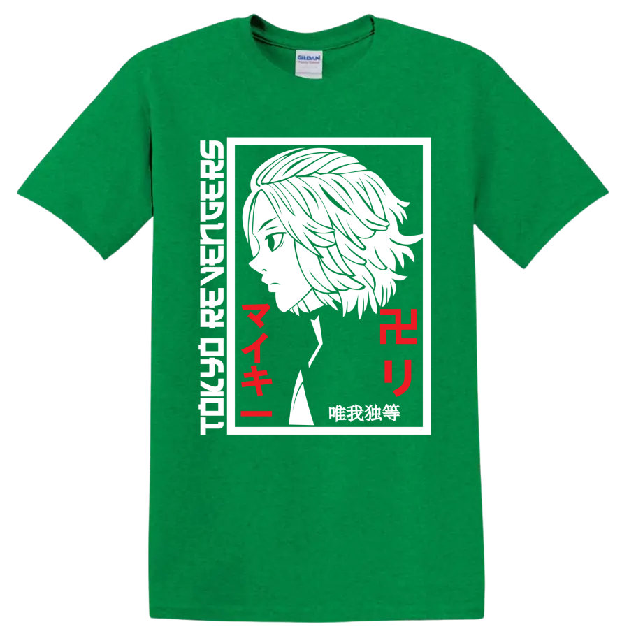 Manjiro Sano Mikey black-and-white manga portrait with red Japanese lettering on a Antic Irish Green T Shirt