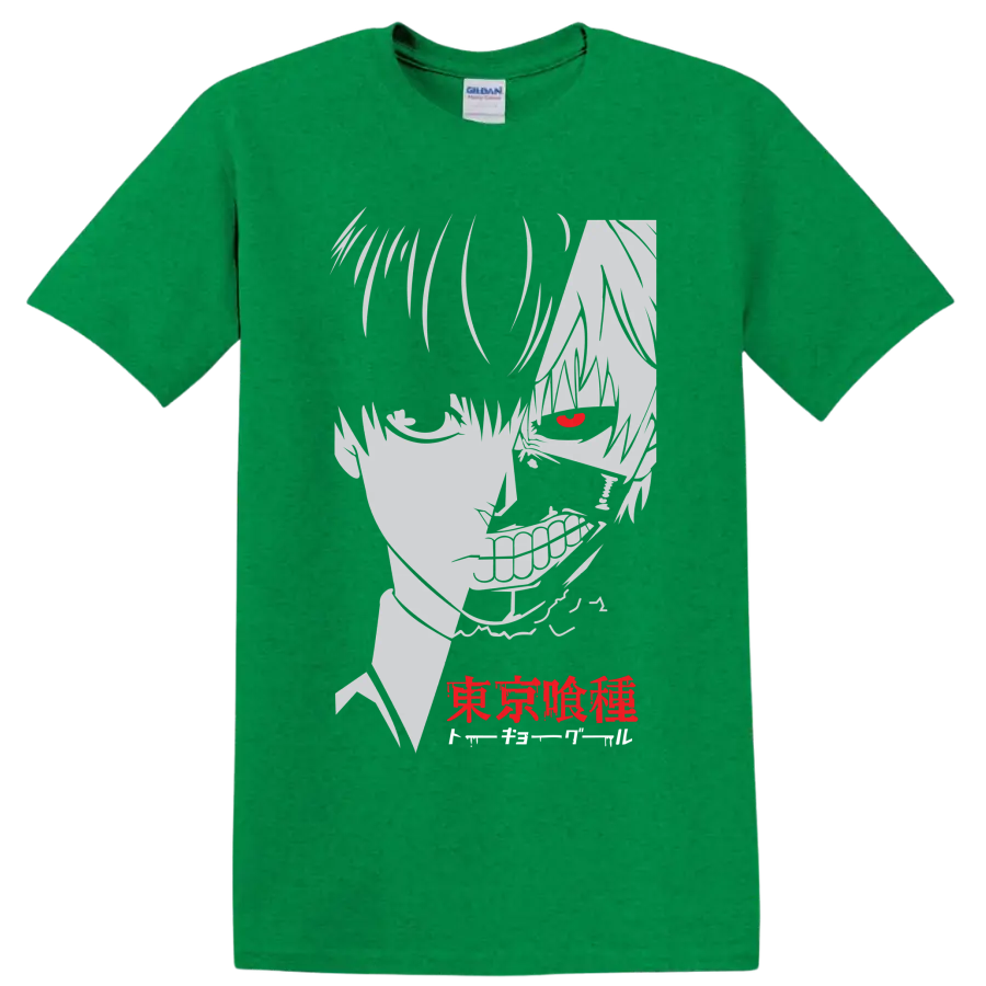 Ken Kaneki Tokyo Ghoul manga portrait with red eye, grin, and Japanese lettering on a Antic Irish Green T Shirt