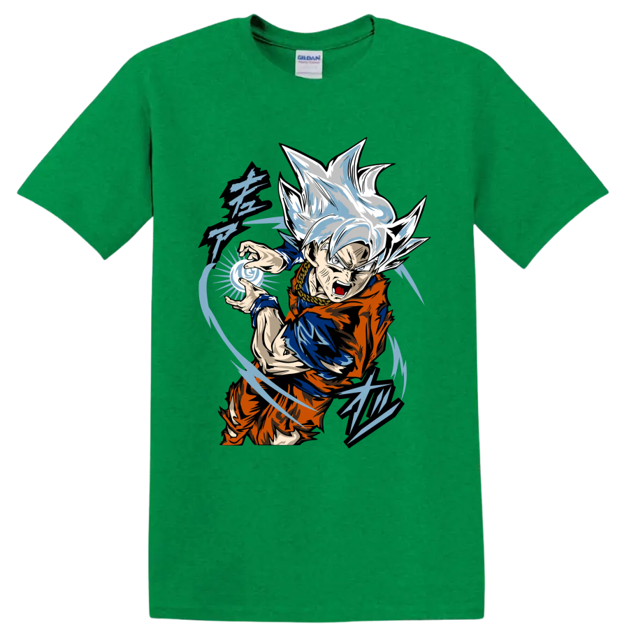 Goku Ultra Instinct anime fighter with blue energy sphere and sweeping action lines on a Antic Irish Green T Shirt