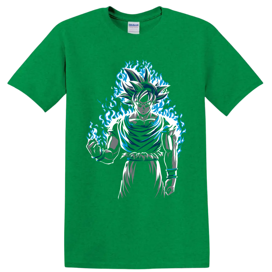 Goku Dragon Ball Super manga-style graphic with a dramatic blue flame aura on a Antic Irish Green T Shirt